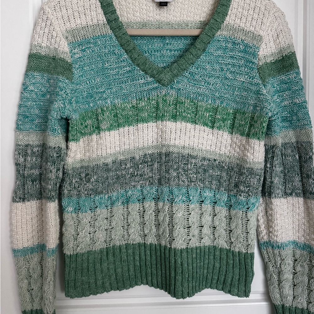 CAbi Striped Green and Cream V-Neck Sweater